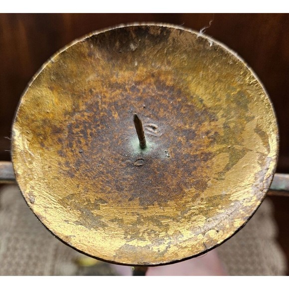 Vintage Candelabra Ornate Brass Standing Pillar Candle Holder w/ 3 Arms Patina - Picture 4 of 8